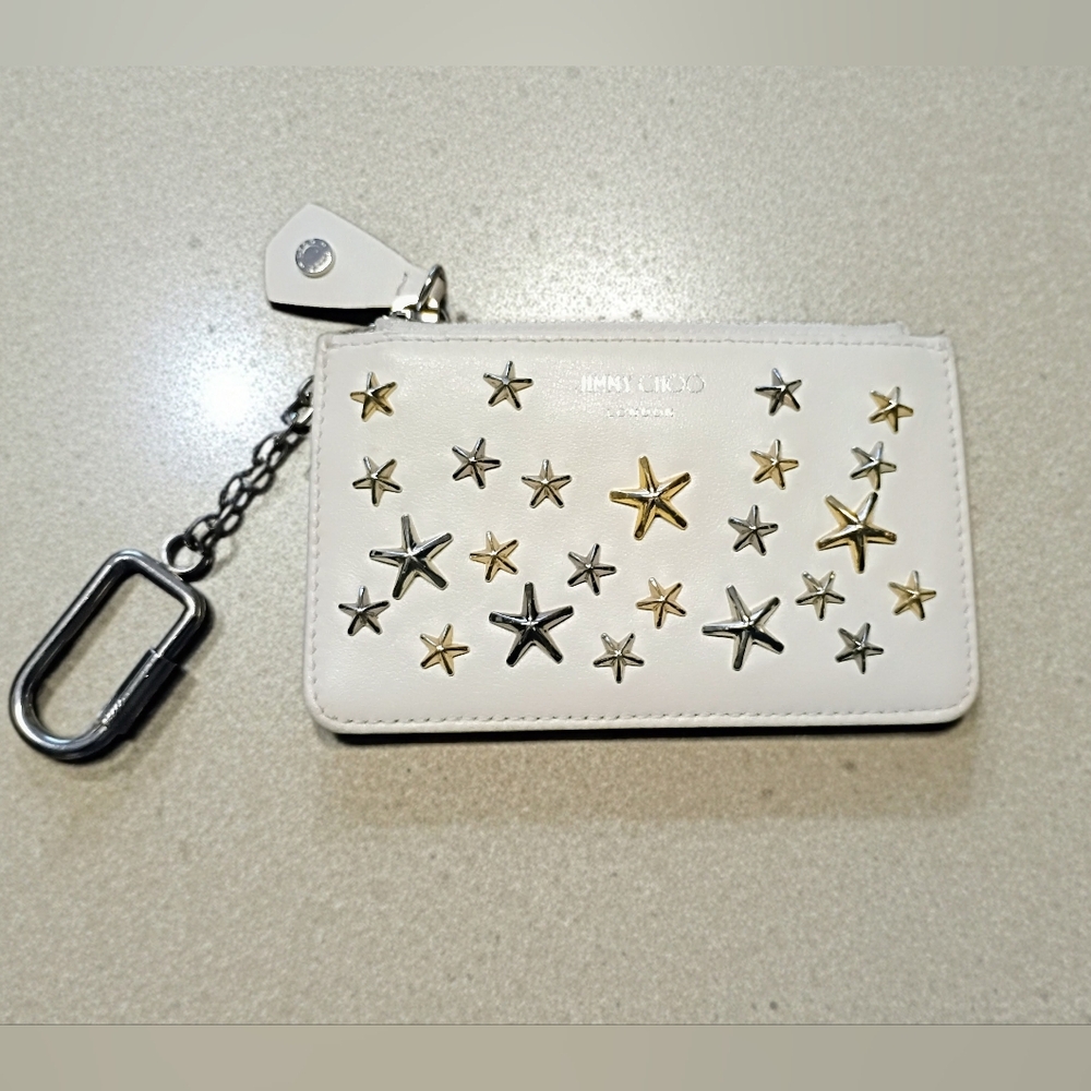 Jimmy Choo Nancy White With Gold And Silver Star-Studded Coin Case & Key Holder